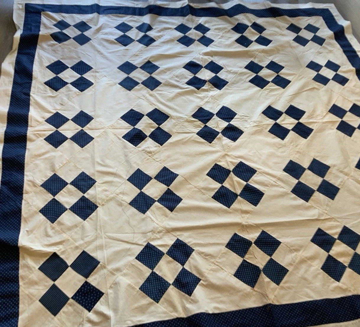 Antique Patchwork Quilt Top, Early 1900’s, Nine Patch, Navy Blue & White