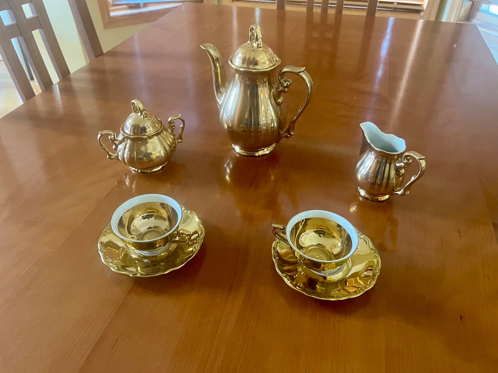 Vintage JKW Dec. Karlsbad Gold Tea Set Tea Pot, Sugar, Creamer, 2 Cups/Saucers