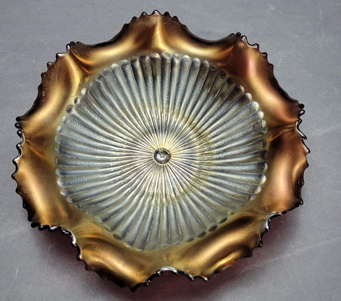 Northwood Fine Rib Amethyst Carnival Glass Ruffled Bowl w/\
