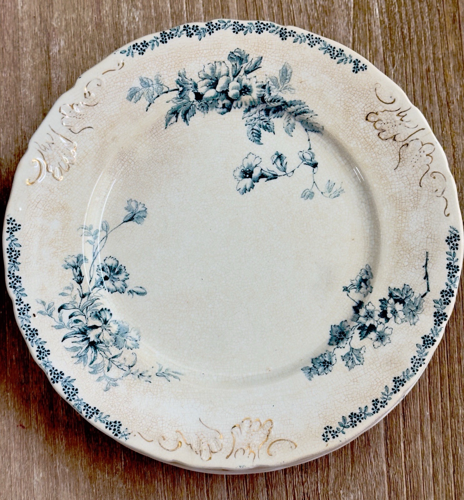 Antique John Edwards MAINE 9 Salad Luncheon Plates Green Transfer Gold Gilt 1890