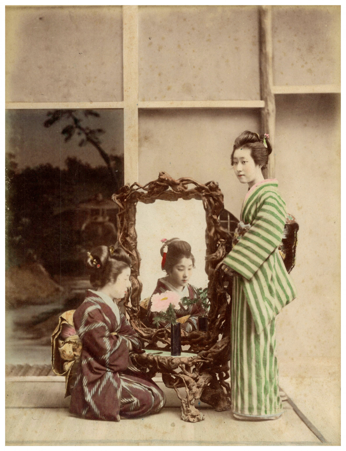 Japan, Singing Girls Vintage Print, Albumin Print Watercolor 26.5x20 C