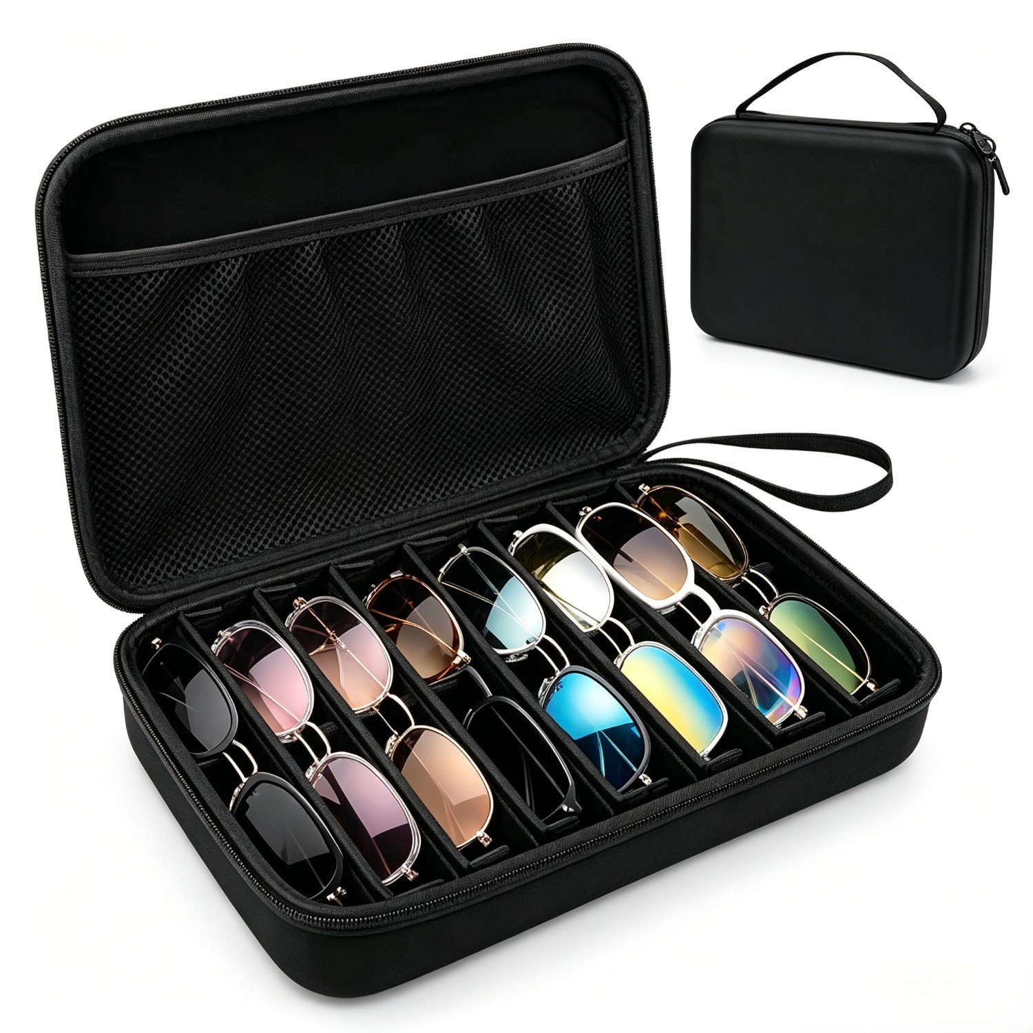 Travel Sunglasses Case 8 Slots EVA Material 11.41 x 7.87 x 2.75 Inch Black