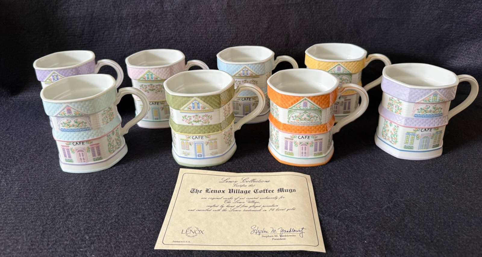 Vintage 1992 The Lenox Village Coffee Mugs fine porcelain Cafe Set of 8