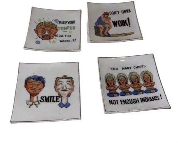 Vintage fun NOV CO Japan Ceramic Coasters Trinket Dishes funny characters