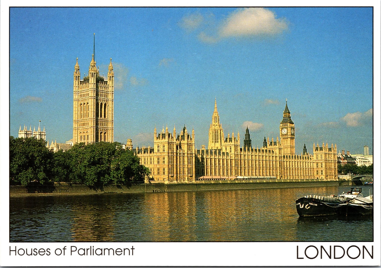 Vintage Postcard London England Houses of Parliament Clock Tower Boat on Water