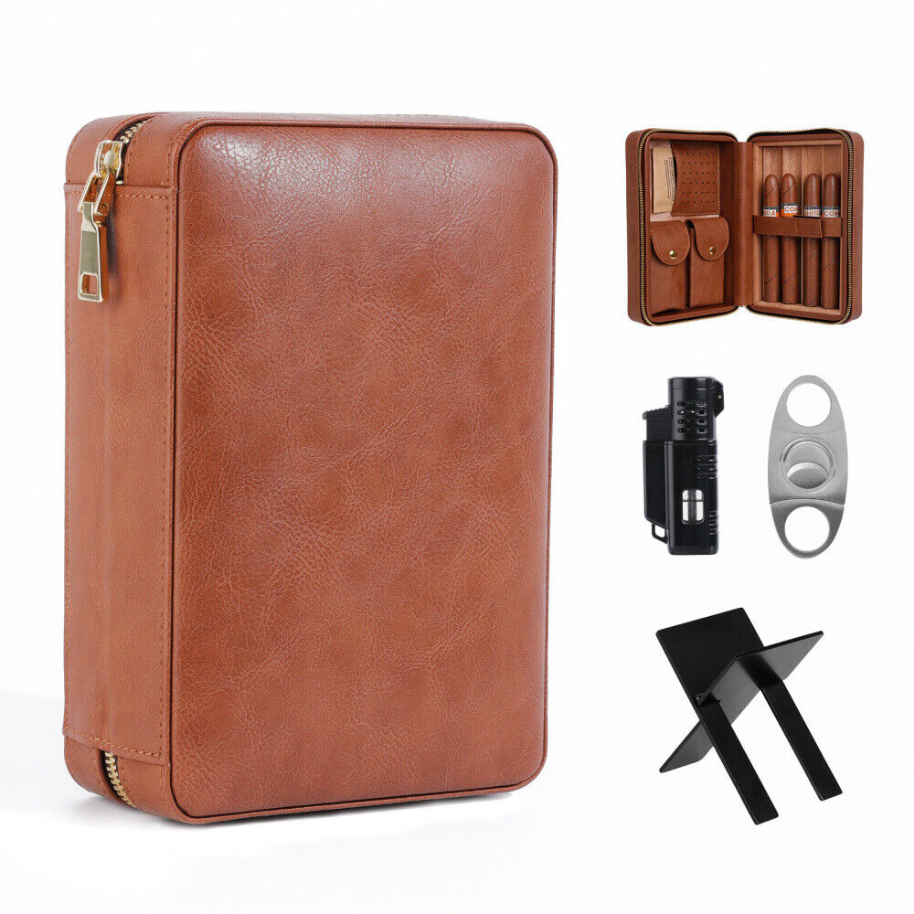 Cigar Travel Humidor Case, Leather Cigar Case with Cigar Cutter, Cigar Lighter