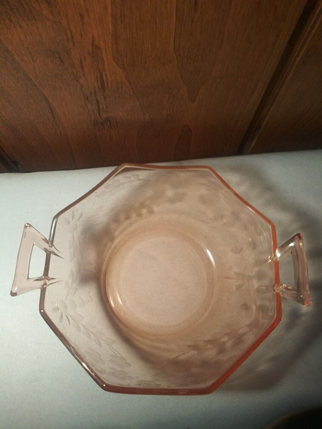 Antique Pink Depression Glass Bowl Etched Floral With Handles