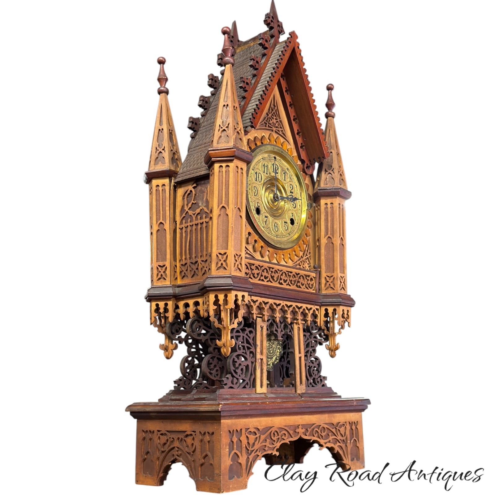 Antique Victorian Gothic Revival Cathedral Shelf Clock Carved & display case Antique Victorian Gothic Revival Cathedral Shelf Clock Carved & display case