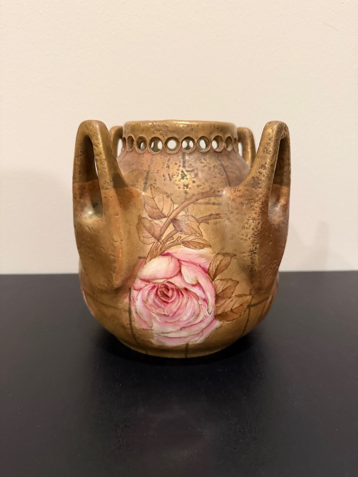 Antique Amphora Austria Art Nouveau Hand Painted Pink Rose Vase 4-Handle 3886