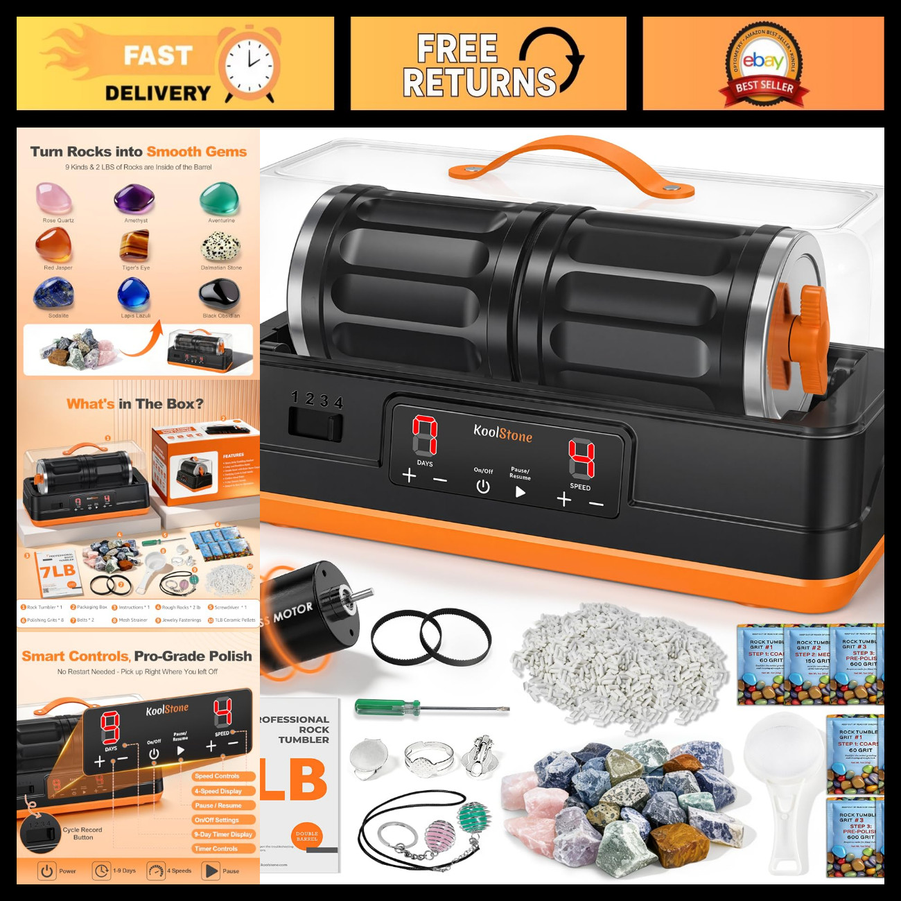 Dual Barrel 7LB Rock Tumbler Kit - Ultra Quiet Brushless Polisher, Noise-Reducin