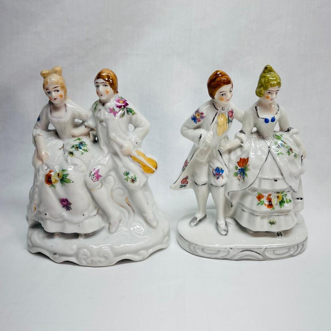 VTG Pair Elegant Courting Couples Ceramic Floral Japan Violin 2