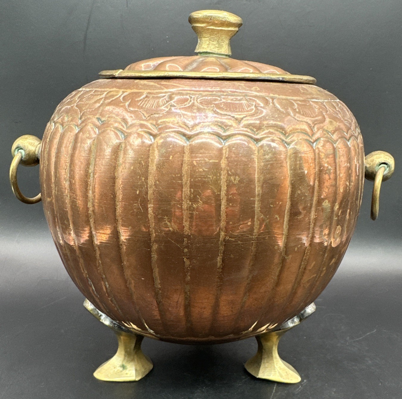 Vtg Brass Copper Chinese Asian Pot Footed w/ Lid Vessel