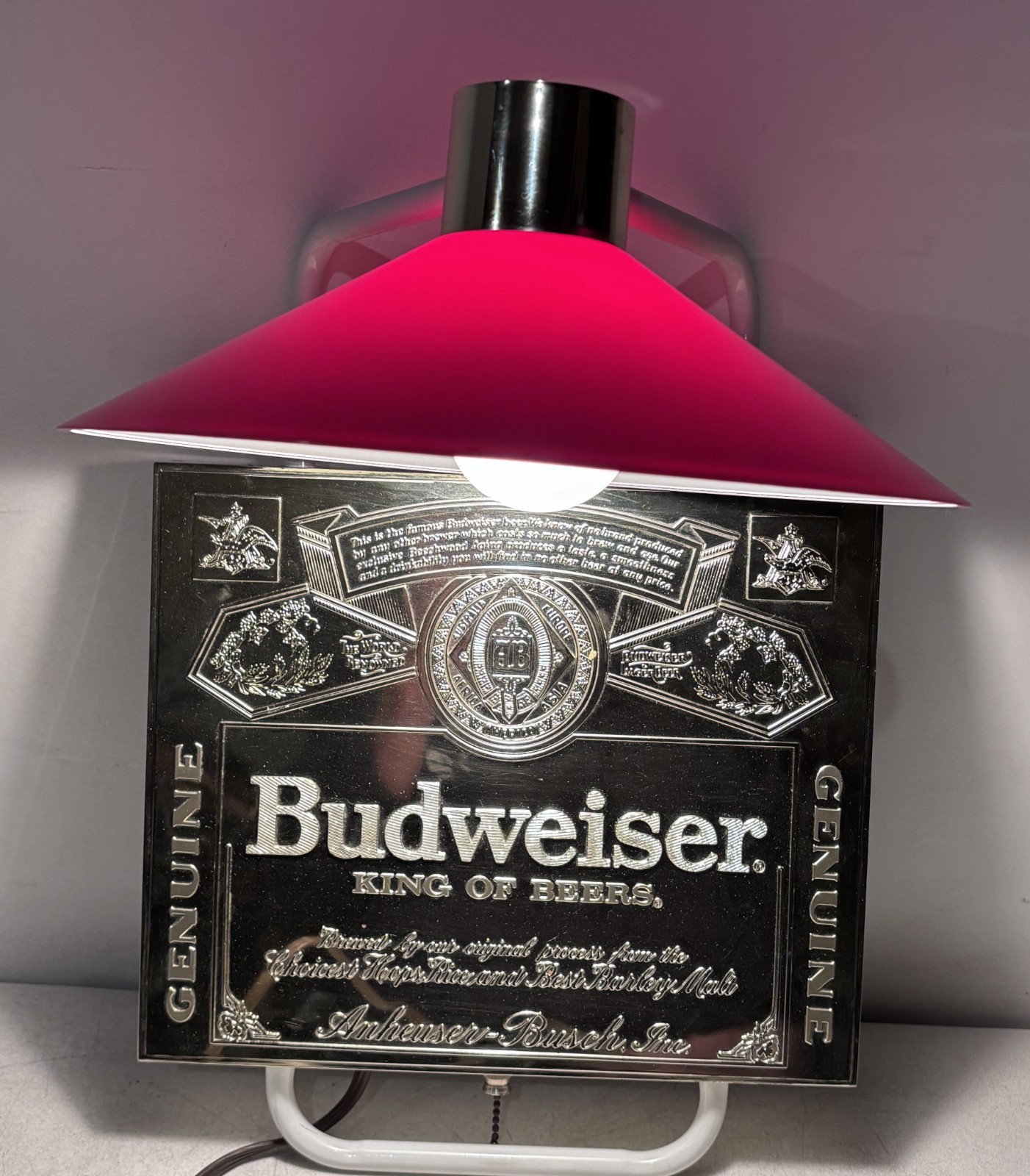 Budweiser 1989 Everbrite Lighted Sign Lamp Red Cone Shade Hanging Bar Light 16”
