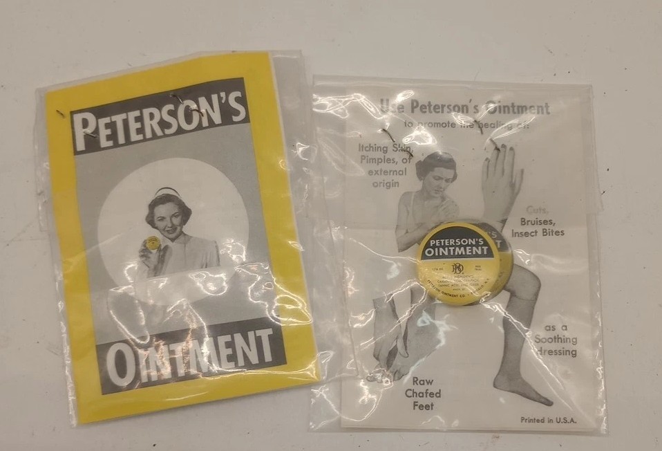 2 Vtg Peterson’s Ointment,Trial Size Tin Containers & Paper Insert Read Look NOS