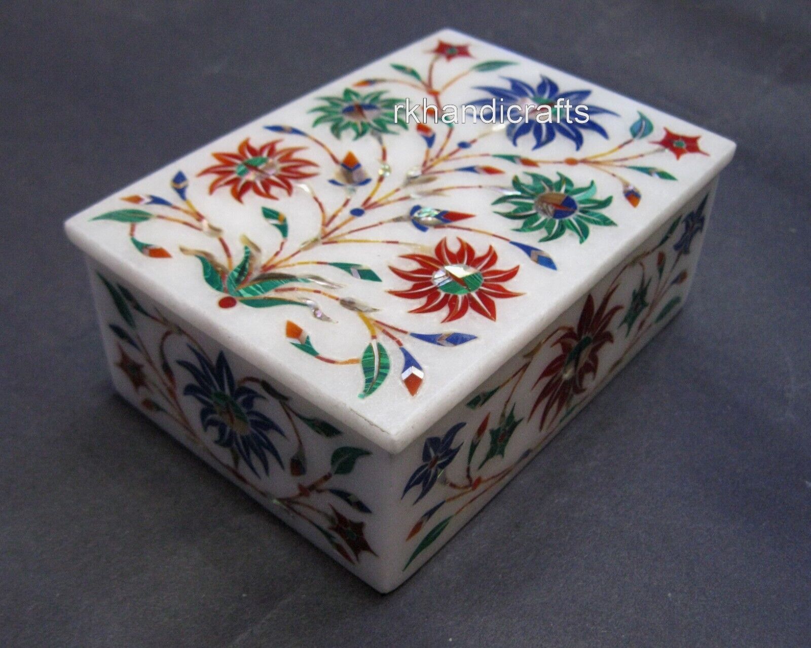 5 x 3.5 Inches Marble Trinket Box Multicolor Stone Inlay Work Multi Purpose Box