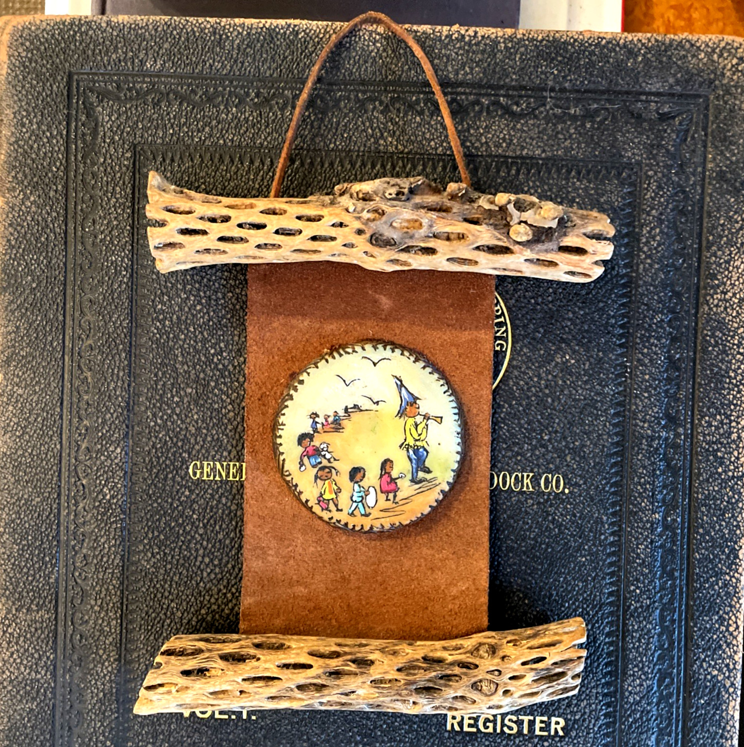 VTG Cholla Wood Leather Scroll Wall Hanging Southwestern Folk Art Painted
