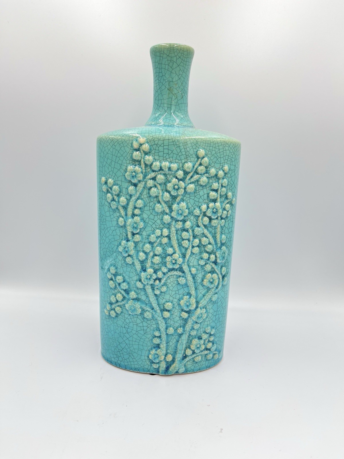 Vintage Chinese Celadon Vase Crackle Porcelain Cherry Blossom Embossed