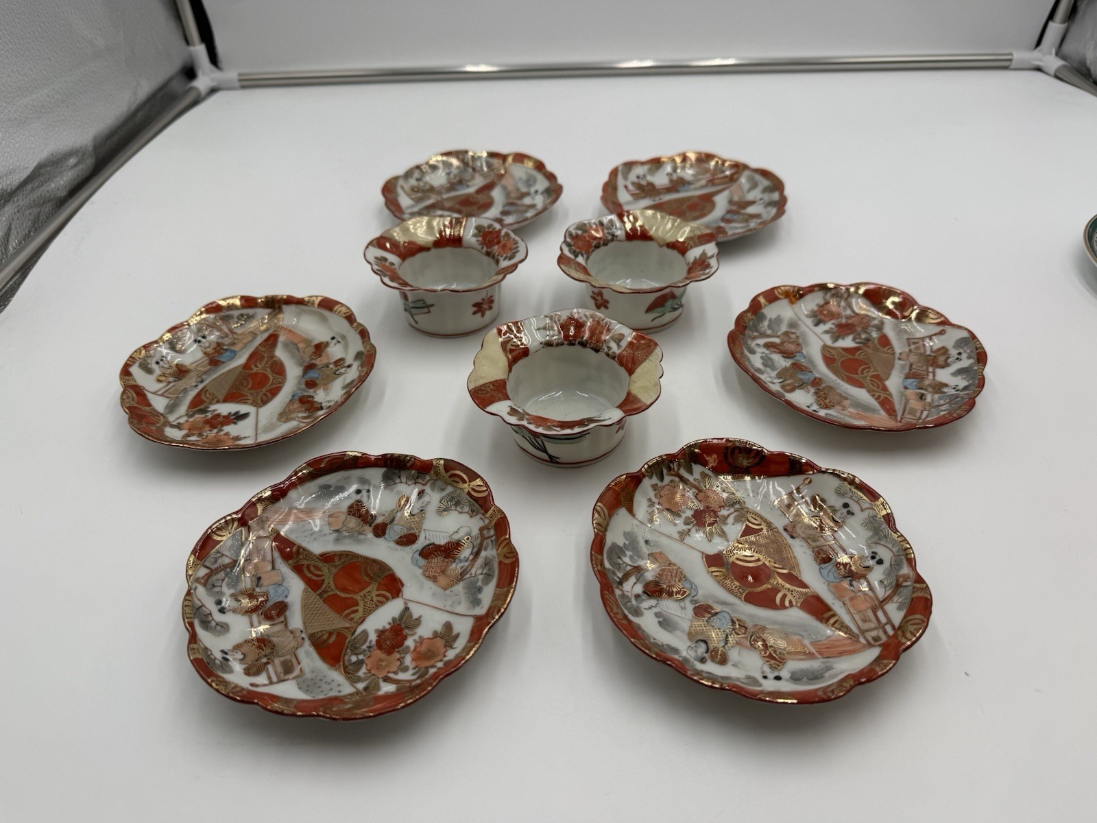 Antique Japanese Kutani Porcelain 9 Pc Set 6 Figural Dishes 3 Bowls Hand Painted
