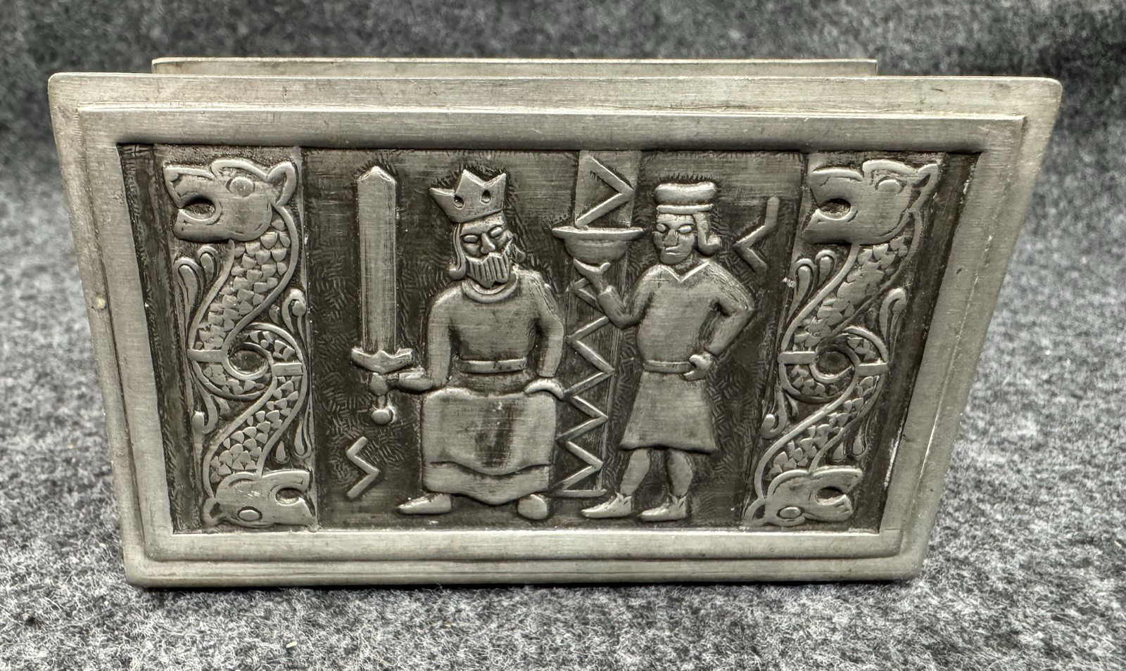 Vintage Norwegian Pewter Viking Matchbox Cover Holder ~ Large 4” Size ~ READ