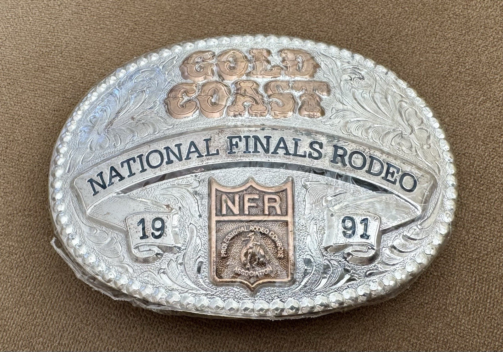 Vintage NOS 1991 NFR Gold Coast HUGE ADM Silversmiths Rodeo Trophy Belt Buckle