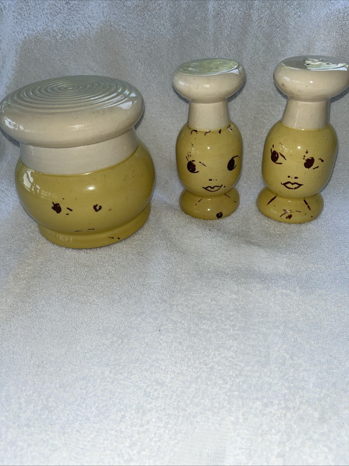 Vintage Yellow Happy Smiling Face French Chef salt/pepper/grease jar set