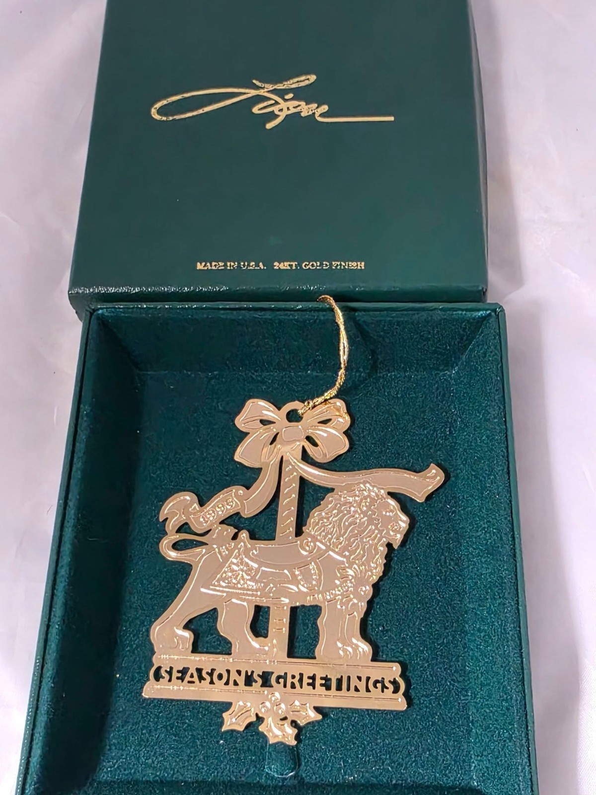 Vtg 1996 ChemArt J Rokicki 24k Gold Finish Brass Lion Christmas Ornament Boxed