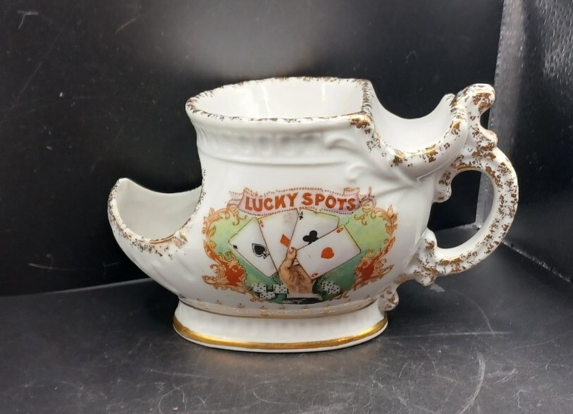 Antique Brandenburg Men Shave Shaving Cup Lucky Spots Cards Aces Poker Hand