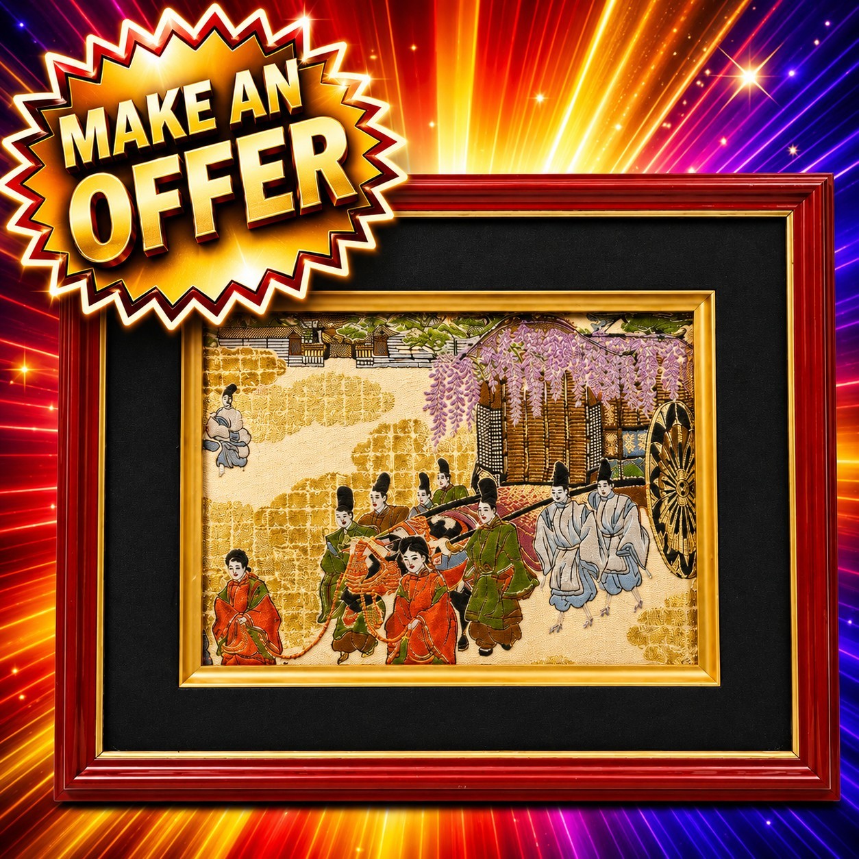 Vintage Japanese Nishijin Brocade Aoi Matsuri Gold Thread Framed Textile Art