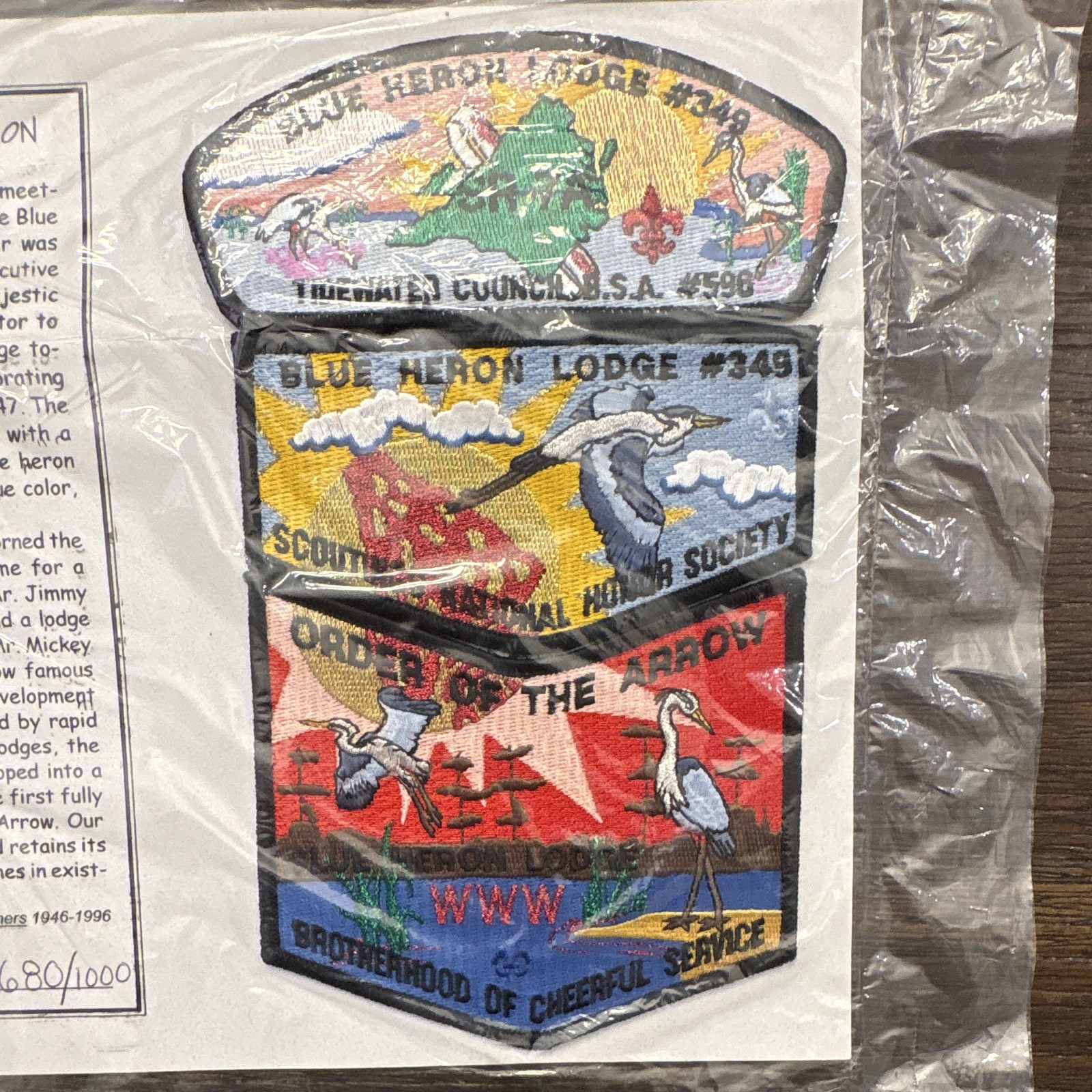 Blue Heron Lodge 349 Spirit of the Blue Heron 3 Patch Set COA #680 Sealed OA