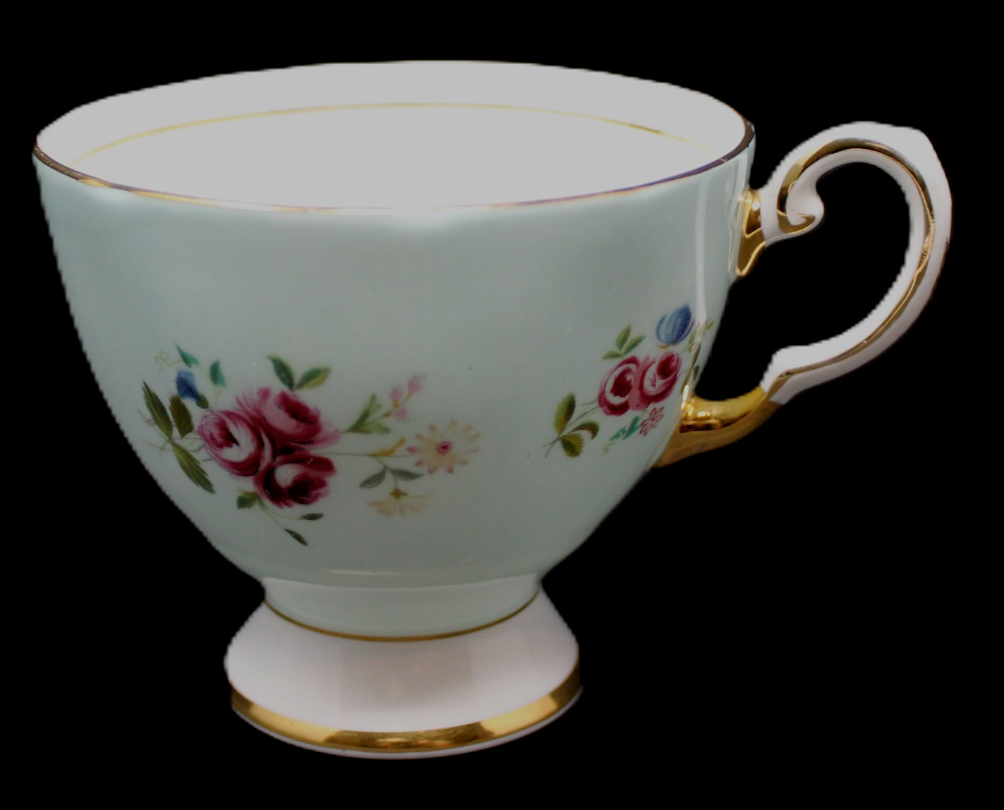 Royal Chelsea England Footed Tea Cup Teal Blue Bone China Pink Roses Gold Trim