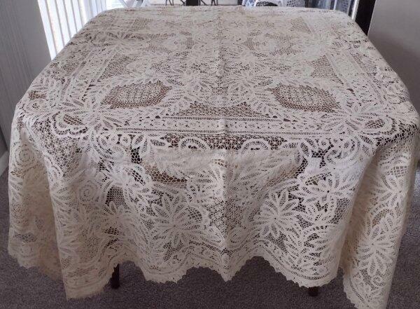 Vintage Renaissance Tape Lace Banquet Tablecloth Ecru Cotton Unused Battenburg