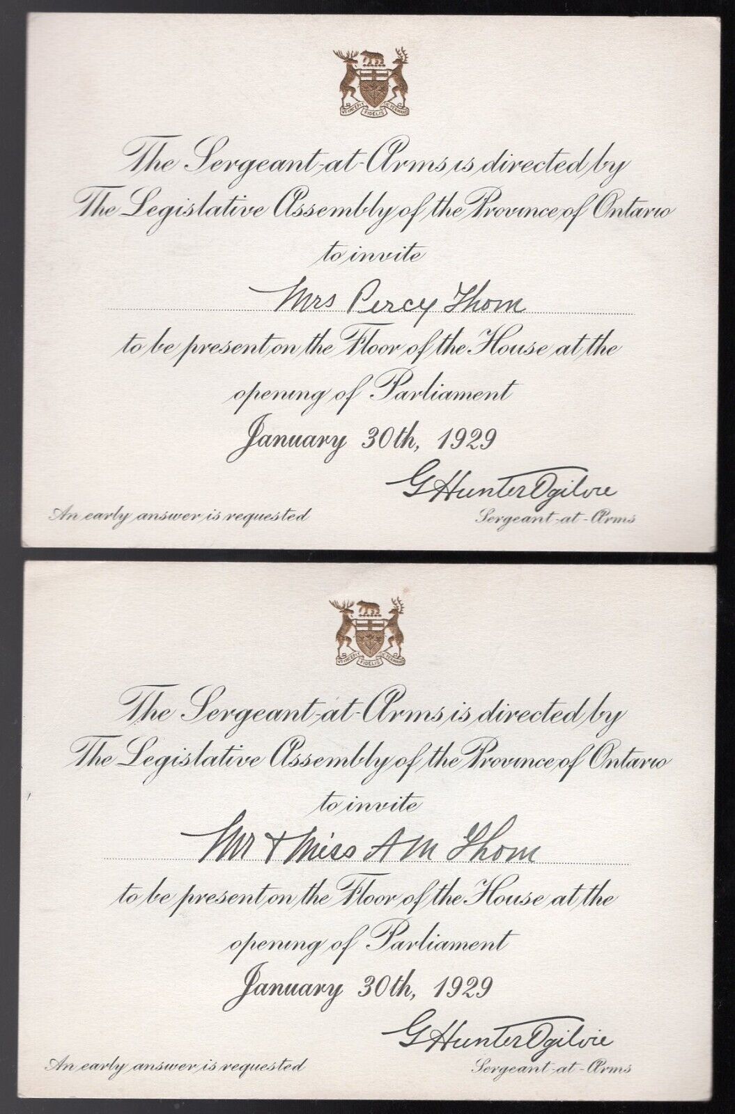 CANADA Toronto 1929 TWO Invitations to Opening of Parliament