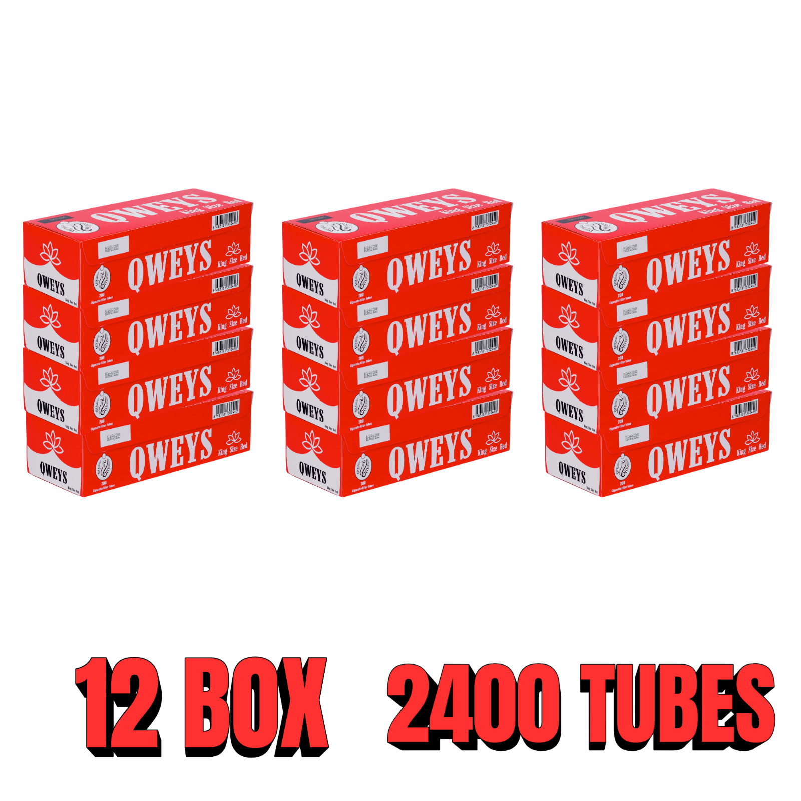 QWEYS Red King Size Cigarette Tubes 200 Per Box (12 Boxes)