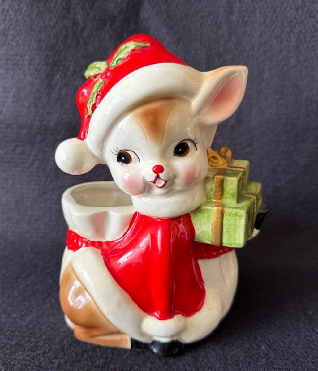 HTF Vintage Relpo Reindeer Deer with Santa Suit & Gifts Planter 
