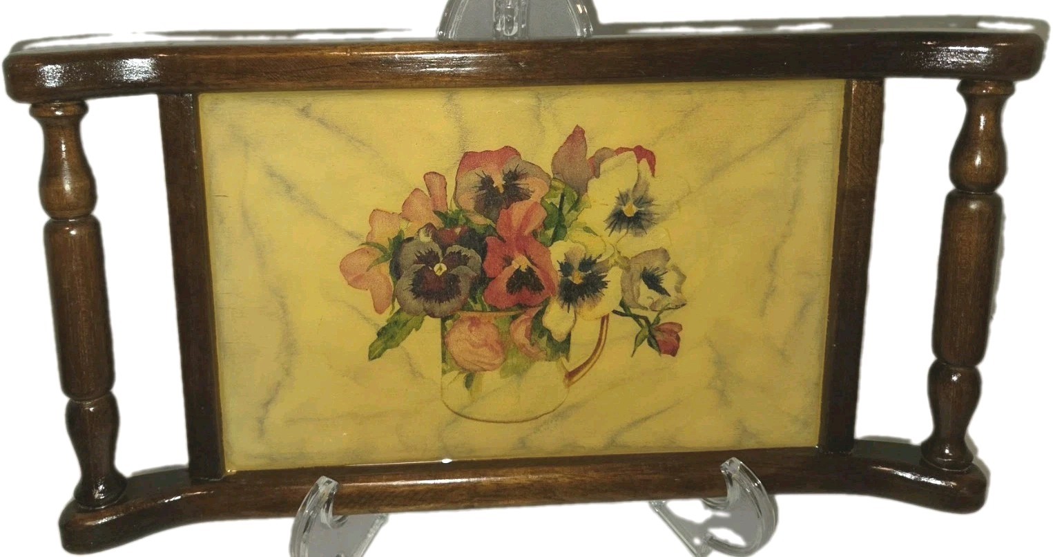 VTG Wooden Vanity Serving Tray Pansies Handles Wood Resin Over Faux Marble Desig