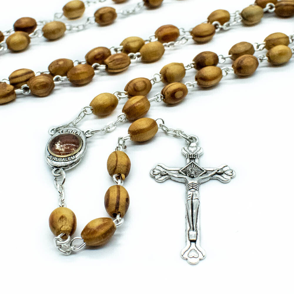 Catholic Olive Wood Rosary Prayer Beads Necklace With Jerusalem Holy Land Soil