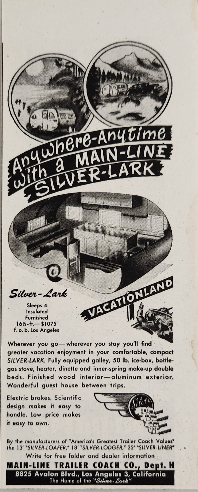 1948 Print Ad Main-Line Silver-Lark Travel Trailers Full Galley Los Angeles,CA
