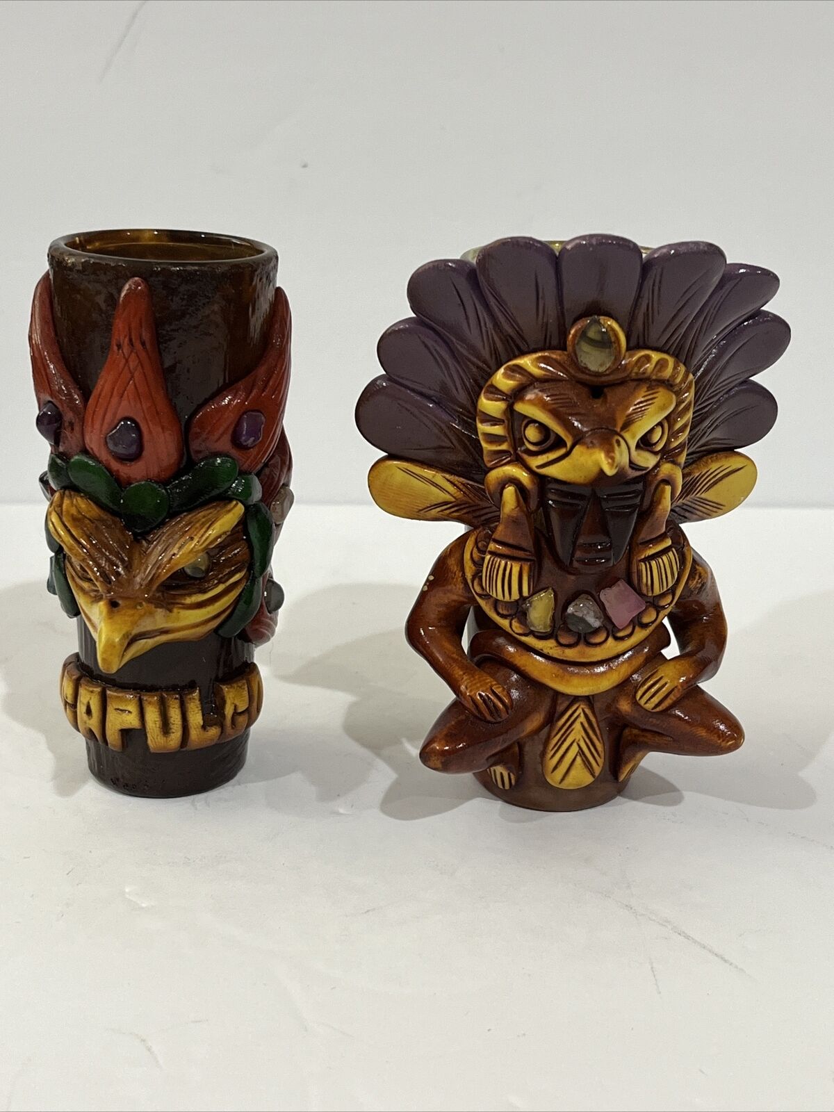 Mexican Aztec 2 Shot Glasses Warrior, Acapulco Bird Dramatic Obsidian Stone Art