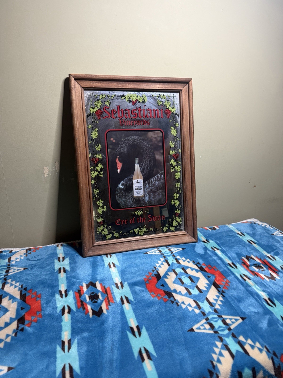 Vintage 1980 Sebastiani Vineyards Eye of the Swan Wine Bar Mirror Framed Sign Vintage 1980 Sebastiani Vineyards Eye of the Swan Wine Bar Mirror Framed Sign