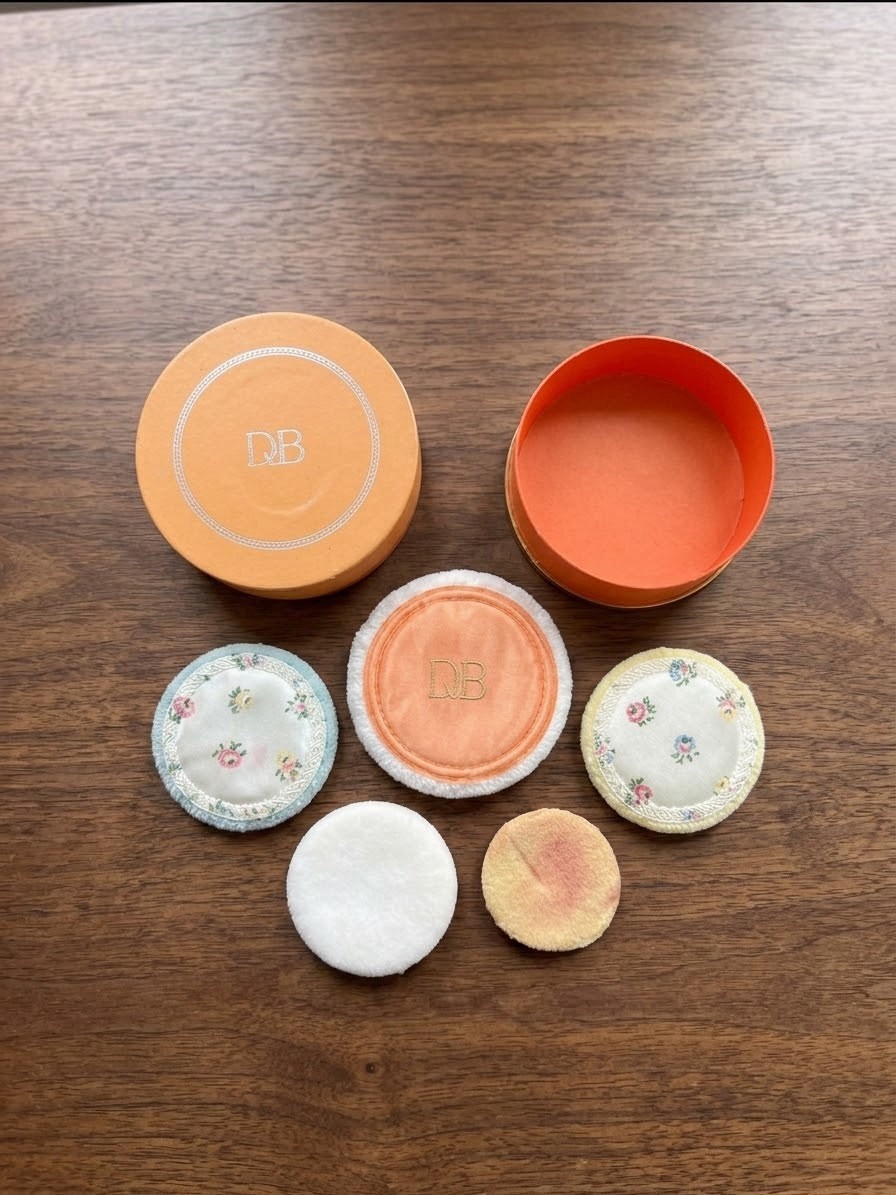 Vintage DuBarry Moisture Petals Orange Powder Box Floral Chintz Puffs Lot 1970s