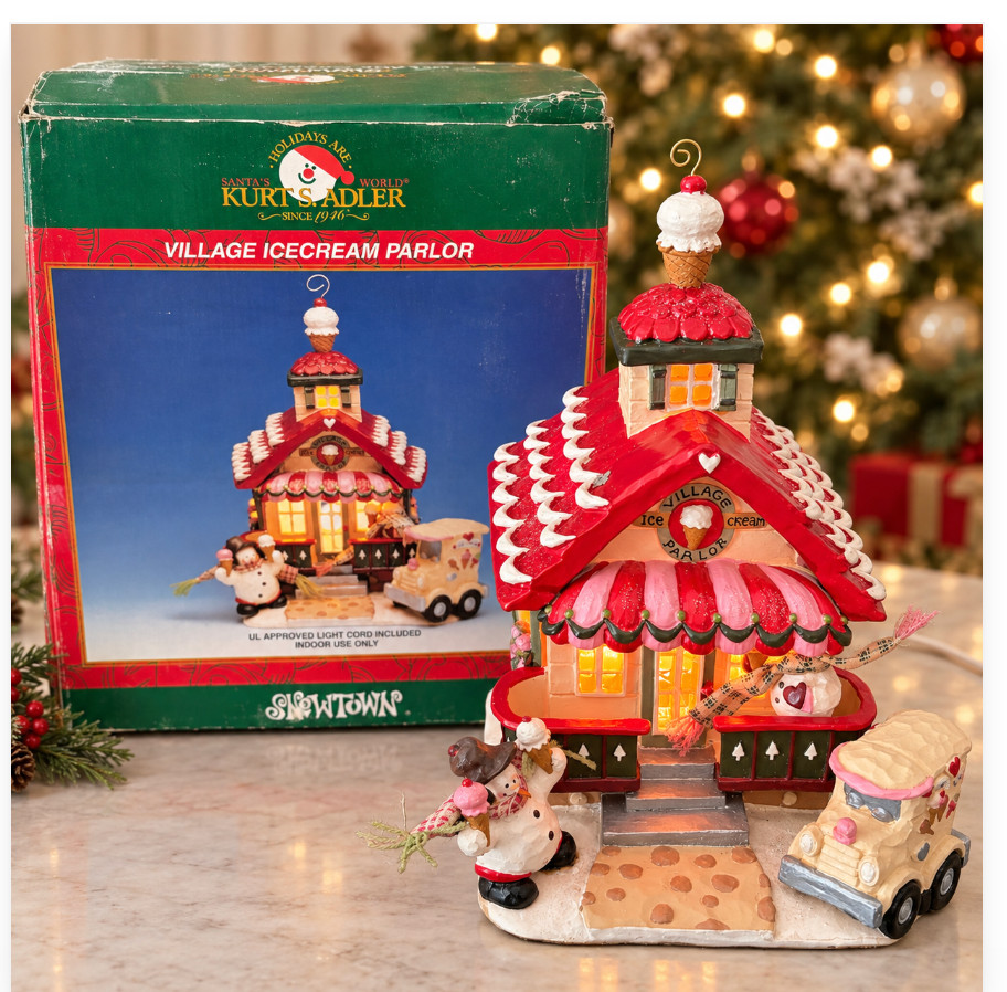 Rare Kurt Adler Gingerbread Snowtown Ice Cream Parlor Lighted Christmas Village 