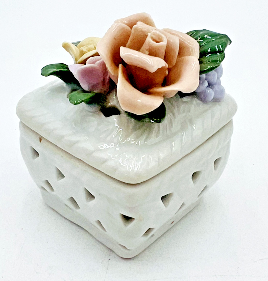 Vintage Trinket Box Porcelain Floral Jewelry Holder Figurines Granny Chic