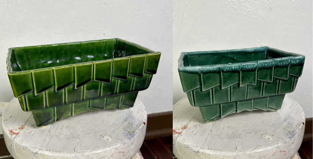 Vintage Cookson Pottery Set Of 2 Green Planter Vase Rectangular Geometric Box