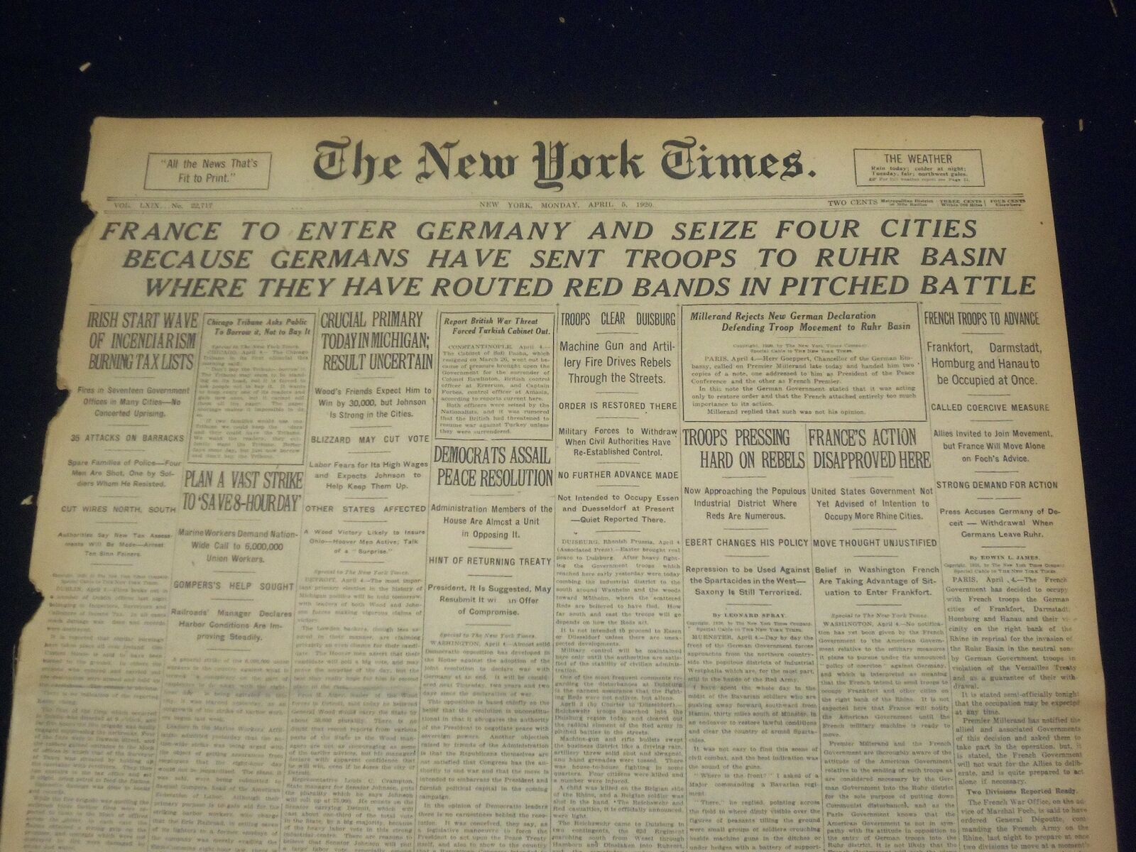 1920 APRIL 5 NEW YORK TIMES - FRANCE TO ENTER GERMANY TO SEIZE 4 CITIES- NT 8281