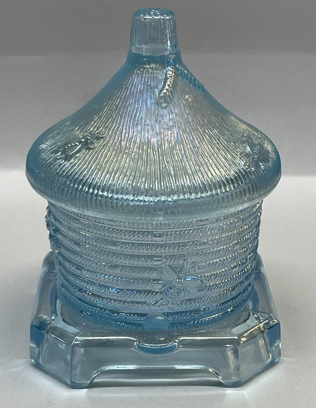 Imperial Vintage Ice Blue Iridescent Glass Honey Pot Beehive Jar Box