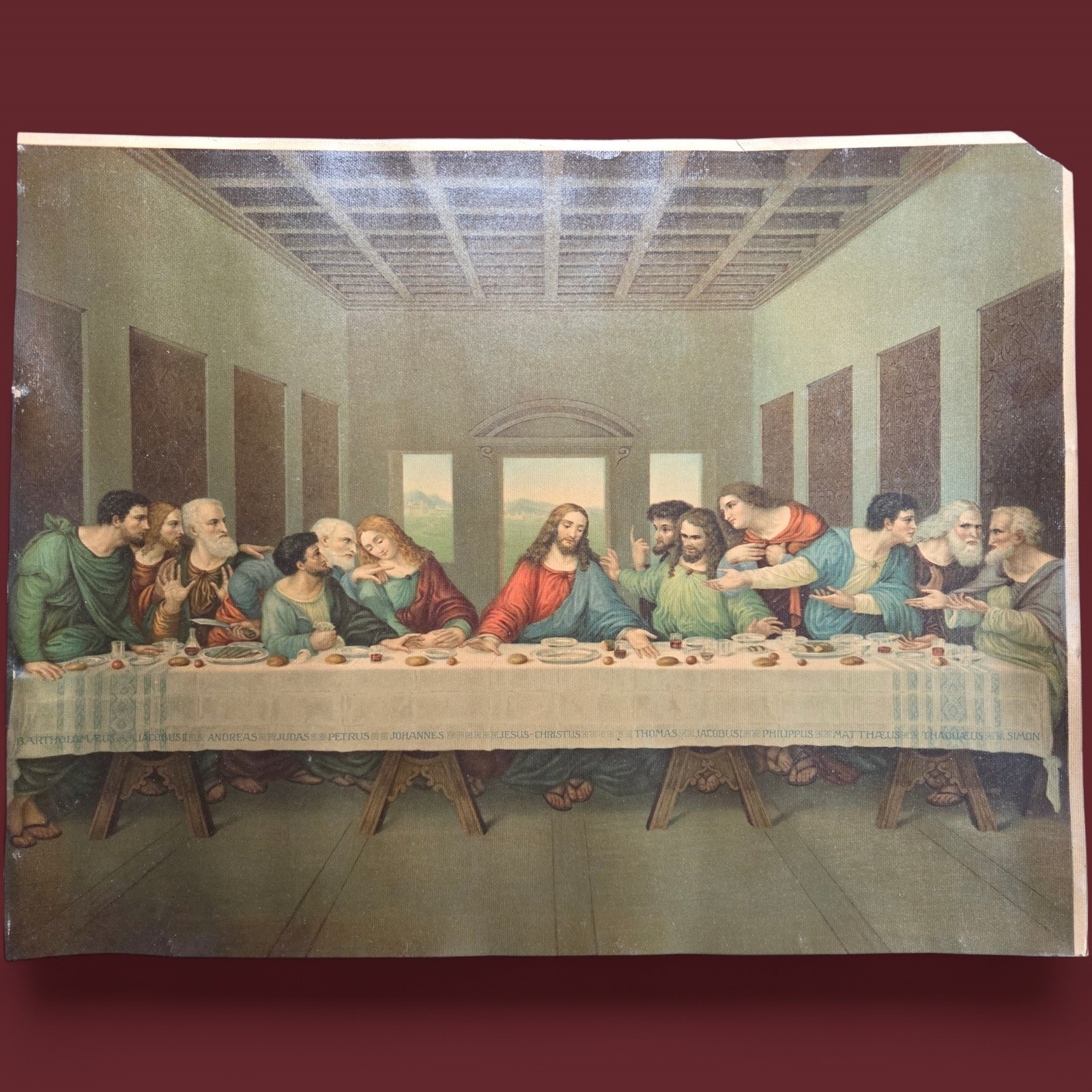 Antique Last Supper Chromolithograph Print Leonardo Da Vinci Religious Art 20in