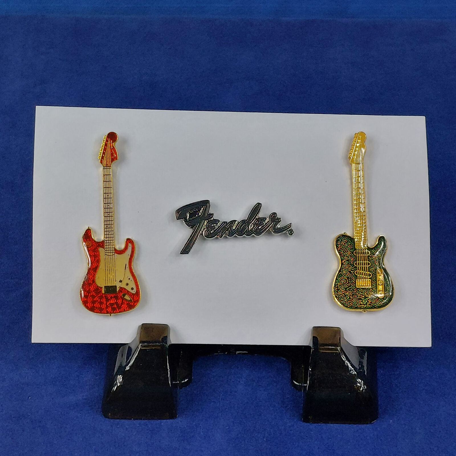 Vintage Fender Red and Green Enamel Guitars and Logo Set of 3 Pin Pinbacks