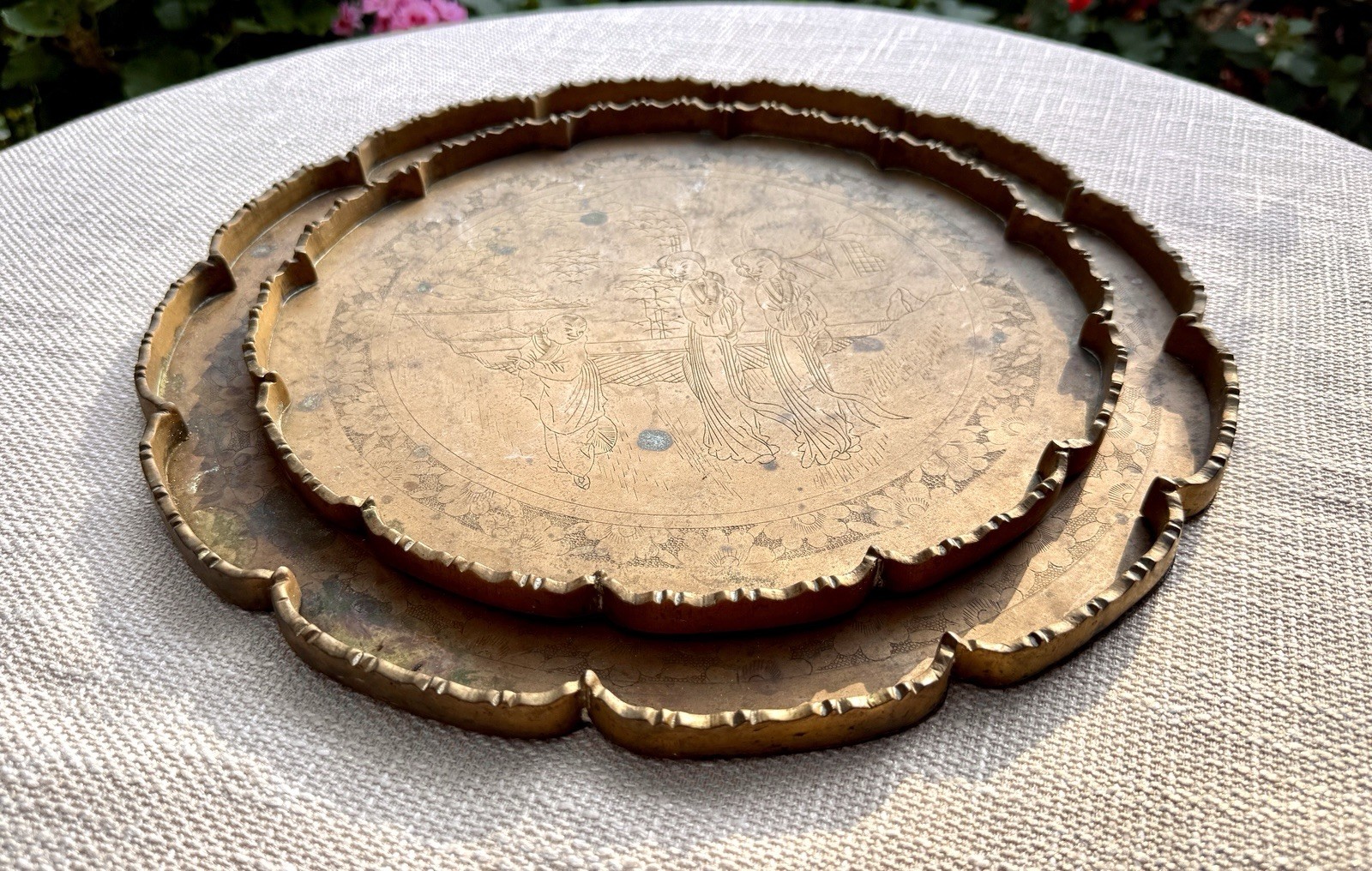 Vintage Chinese Brass Trays Pair Engraved Figural Floral Fluted Scalloped Edges