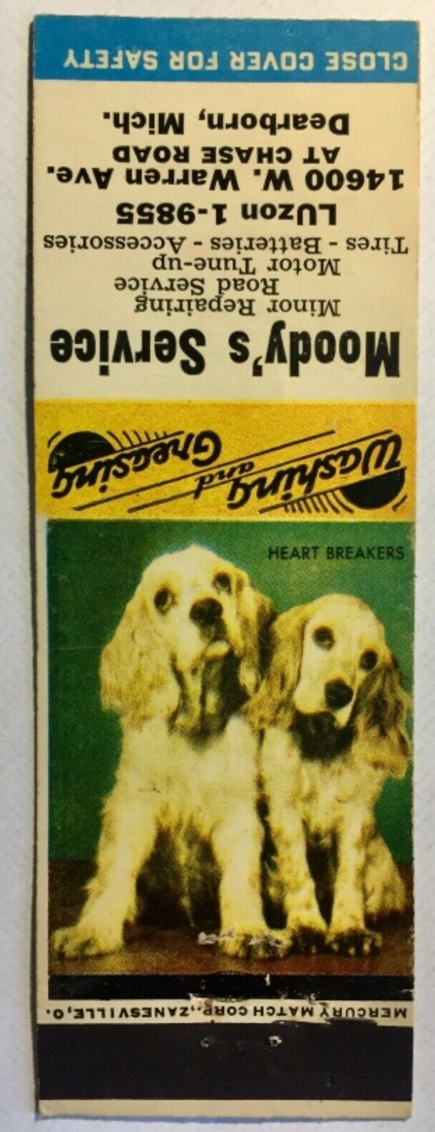 Vintage Matchbook Cover Moody’s Service  W. Warren Ave. - Dearborn, Michigan