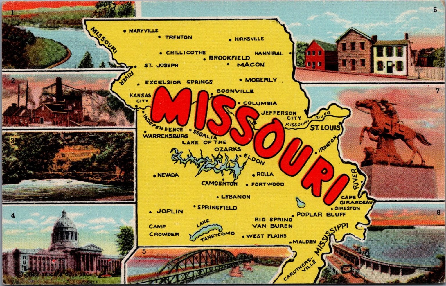 Vintage Missouri Map Postcard - Show Me State Landmarks Curteich Linen Vintage Missouri Map Postcard - Show Me State Landmarks Curteich Linen